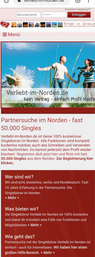 screenshot of Verliebt im Norden mobile web version