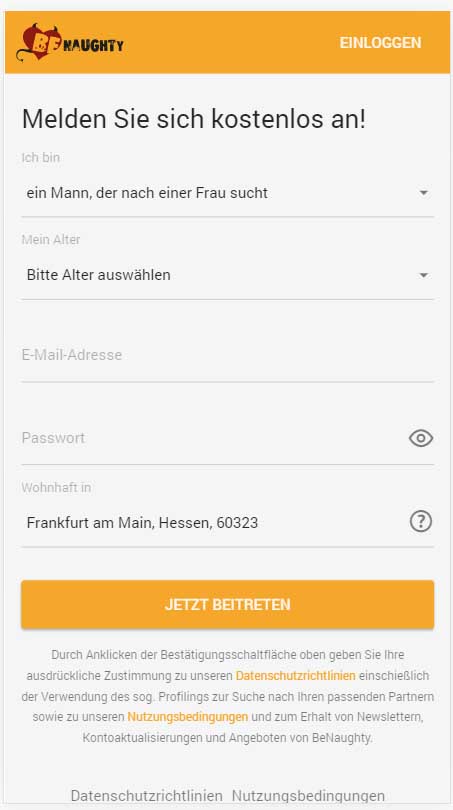 BeNaughty registration form
