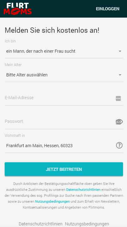 FlirtMoms registration form