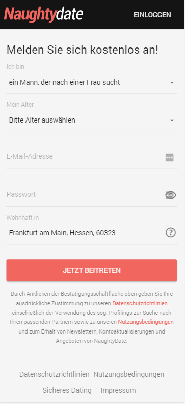 Naughtydate registration form